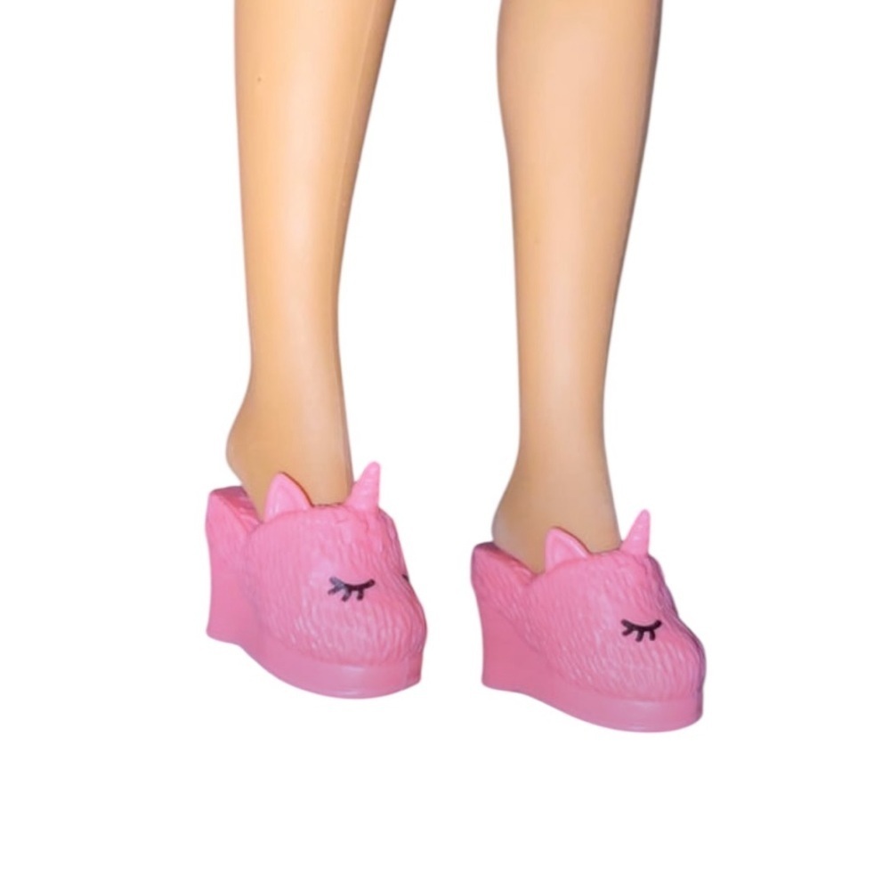 Barbie Doll Pink Fuzzy Texture Unicorn Wedge Heel Slippers